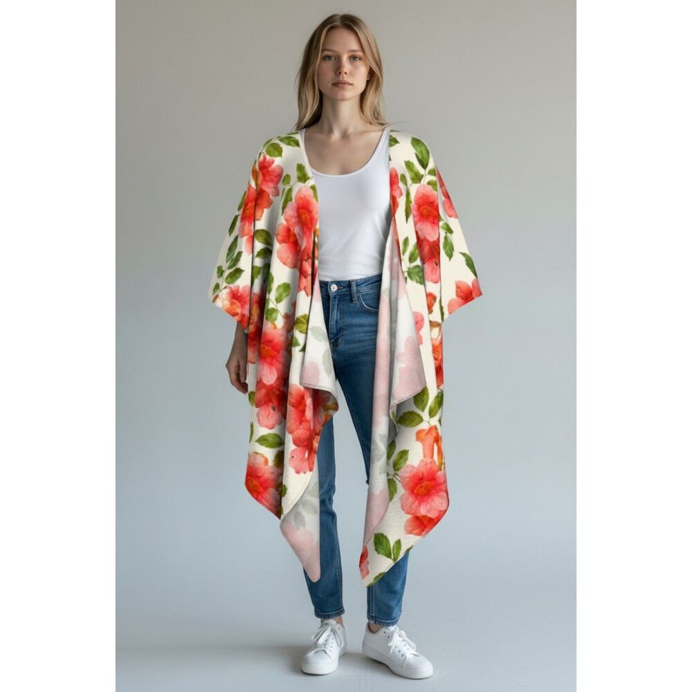 Coral Trumpet Flower Draped Kimono Cardigan